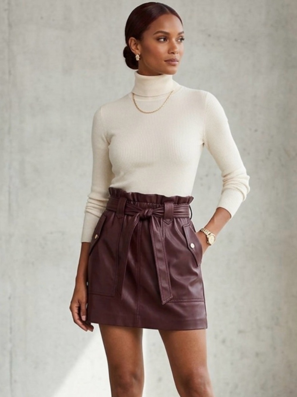 Marc New York Burgundy Faux Leather Skirt with Belt Paper Bag‎ Waist Size Medium
